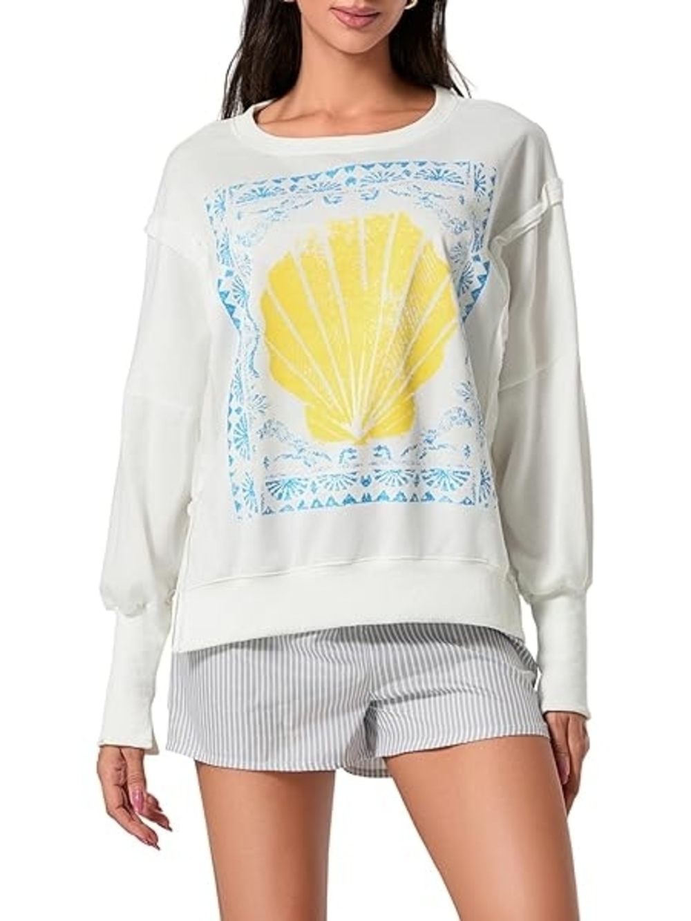 White Sweatshirt with Yellow Seashell Print